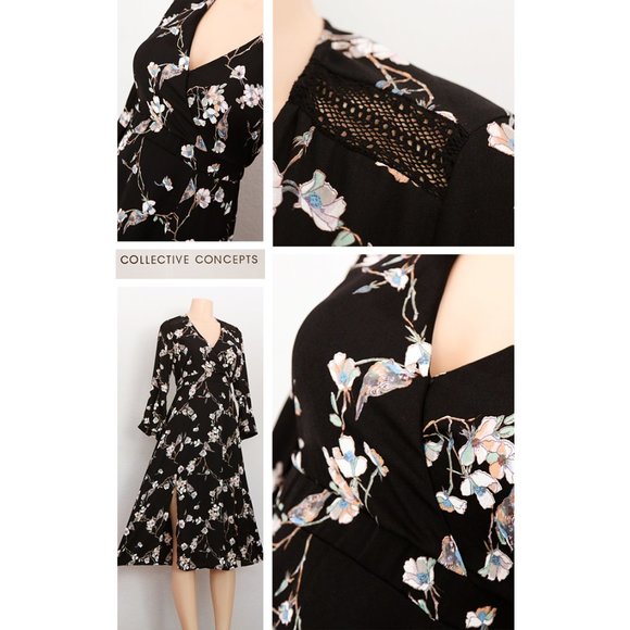 NEW Black Floral Bird Wrap V Neck Slit Midi Dress - Picture 4 of 8
